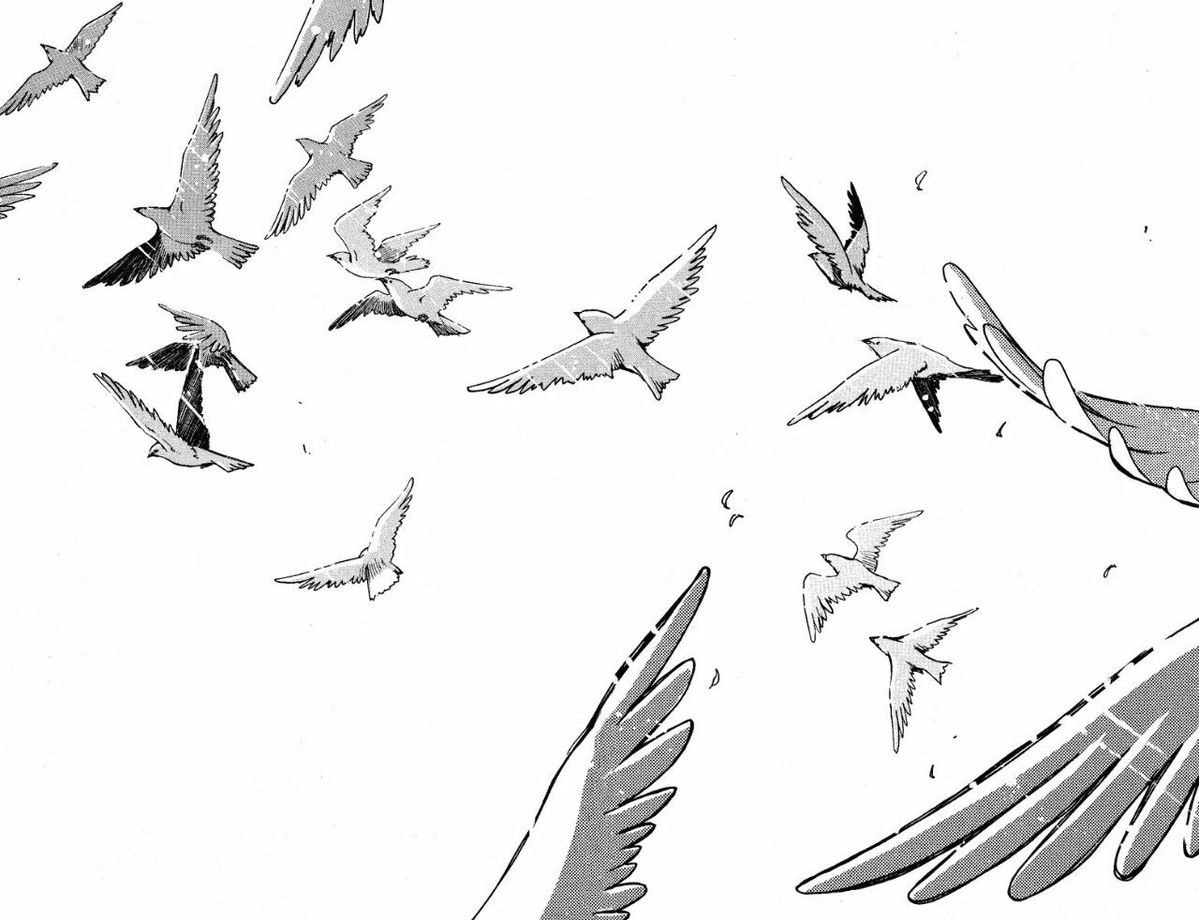 A flock of birds scattering around a great pair of outstretched wings.