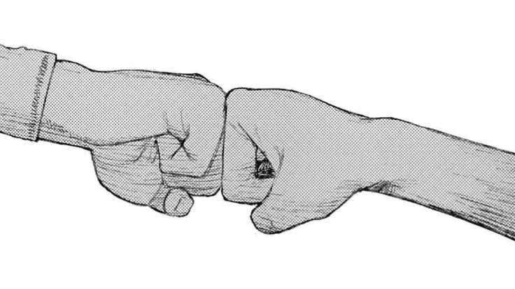 Two fists meeting in a fist bump.